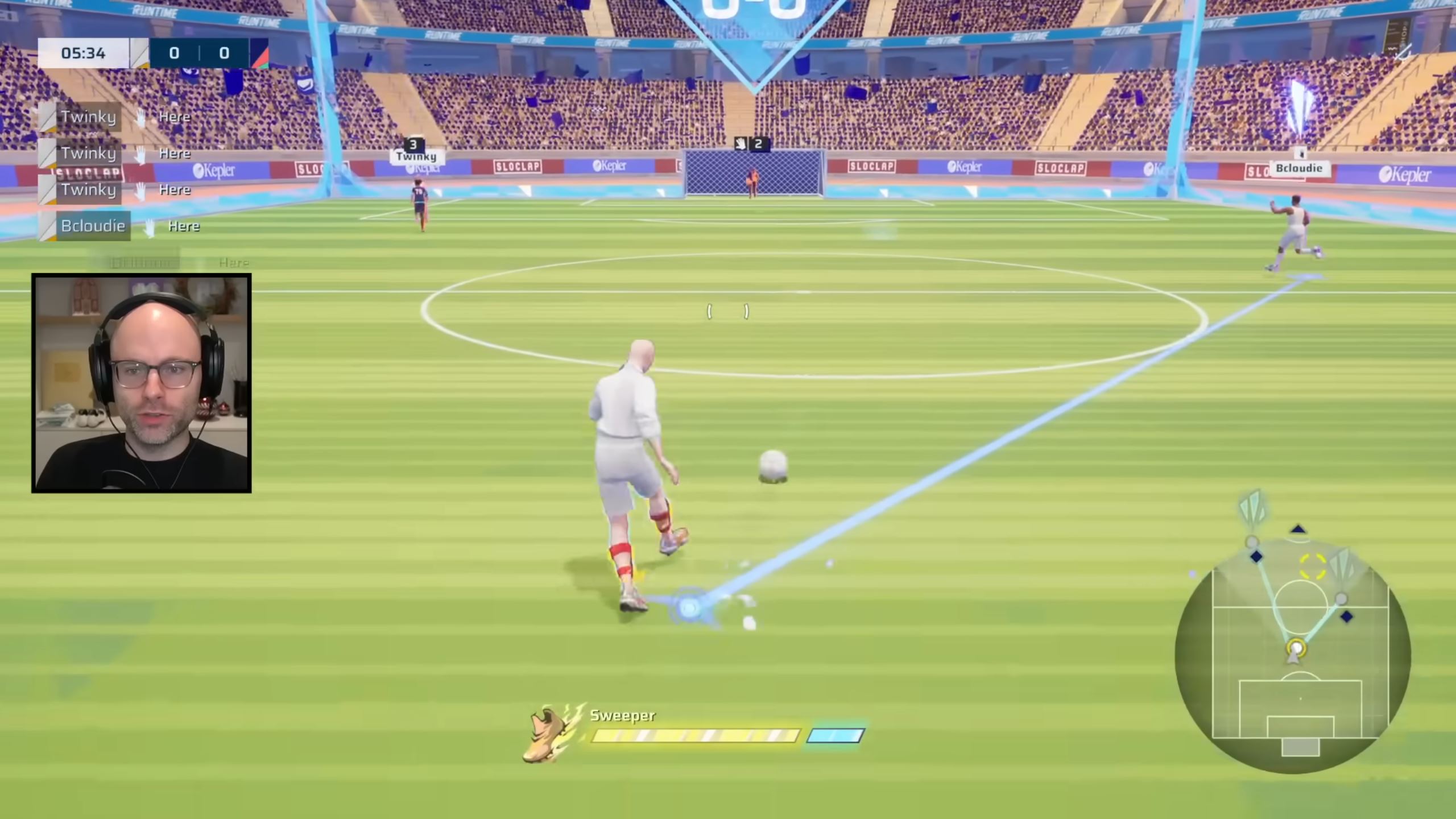 An image of Northernlion playing as the goalkeeper in Rematch's 3v3 mode. A theoretical spectator mode would just use in-game visuals, but would serve the same purpose. Entertaining to watch and a useful tool for learning how to approach the game.