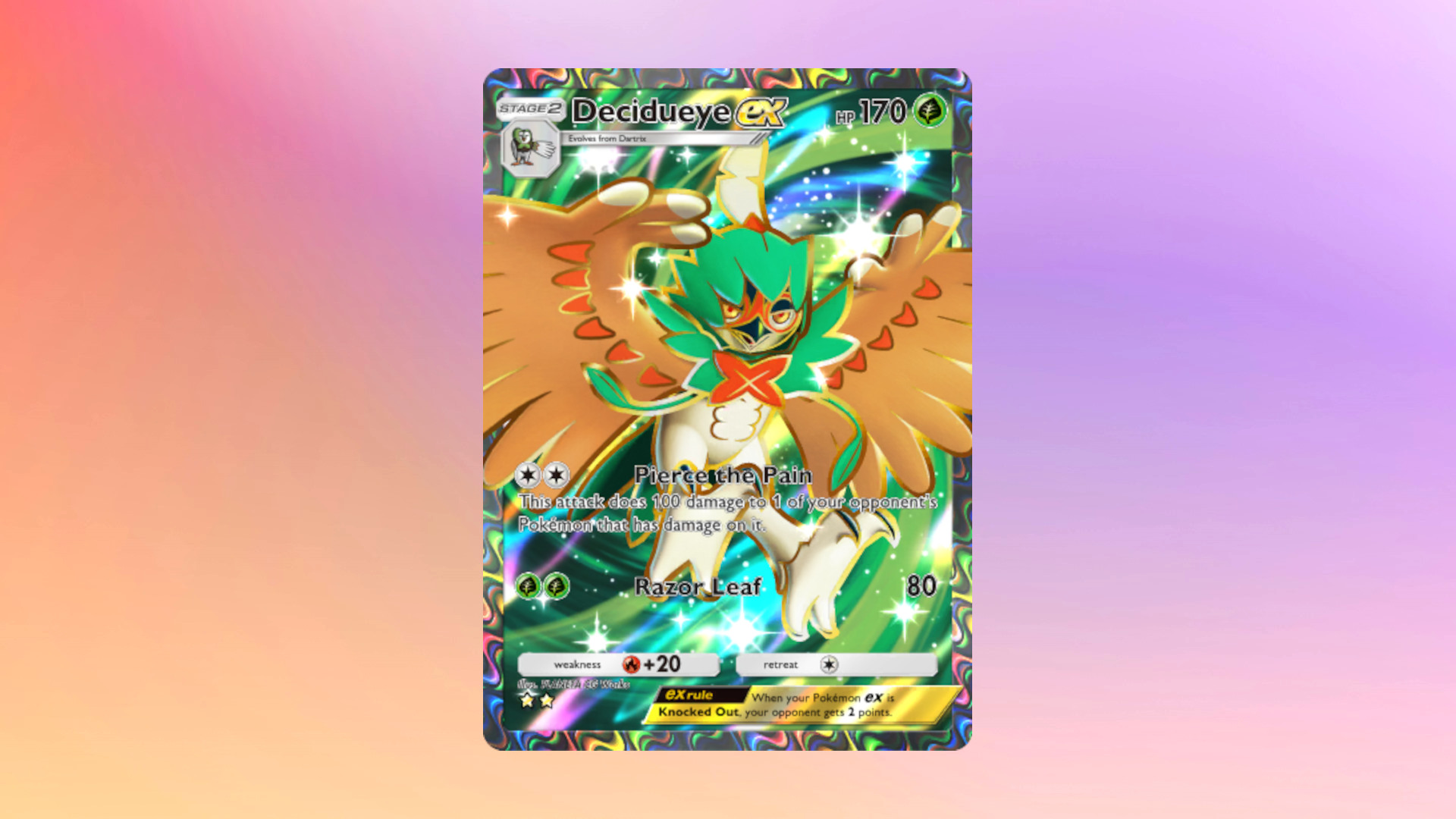 Decidueye ex specializes in picking off already weakened Pokémon, whether they're in the Active slot or on the bench.