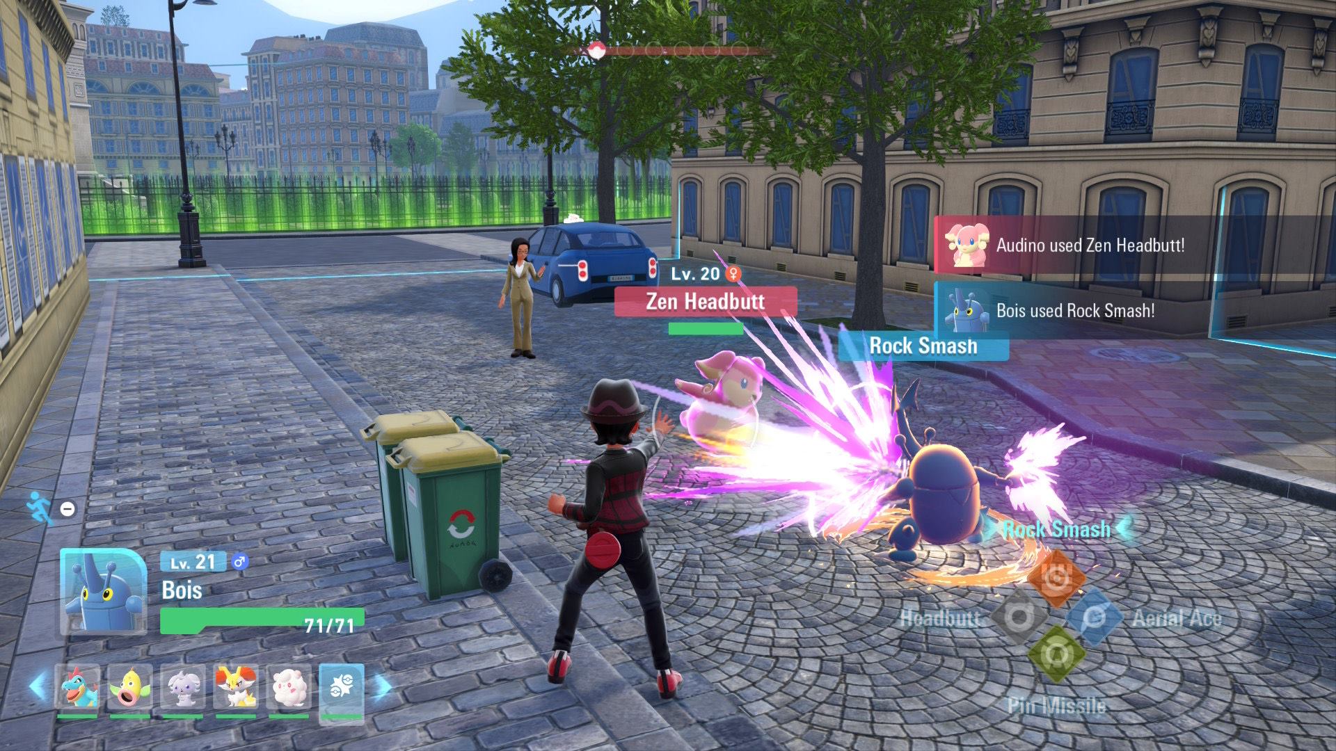 Bois the Heracross fighting an Audino, an easy advantage for the incredibly strong Bug/Fighting Pokémon.