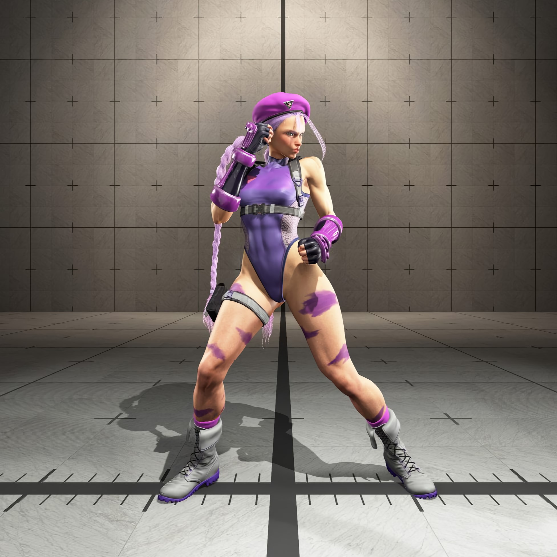 A full view of Cammy's new, exclusive purple color for her Outfit 2 in Street Fighter 6