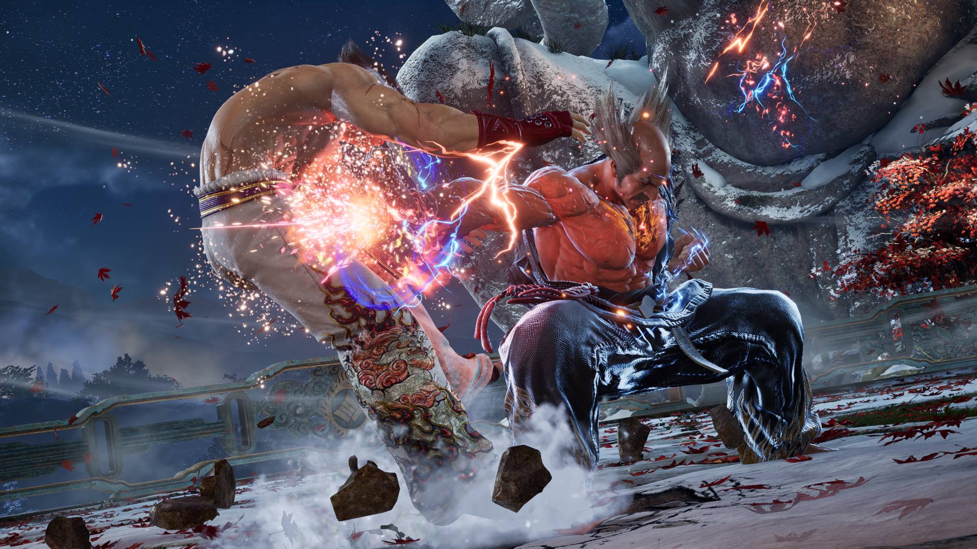 Heihachi Mishima, a DLC character from Season 1, punching Kazuya Mishima.