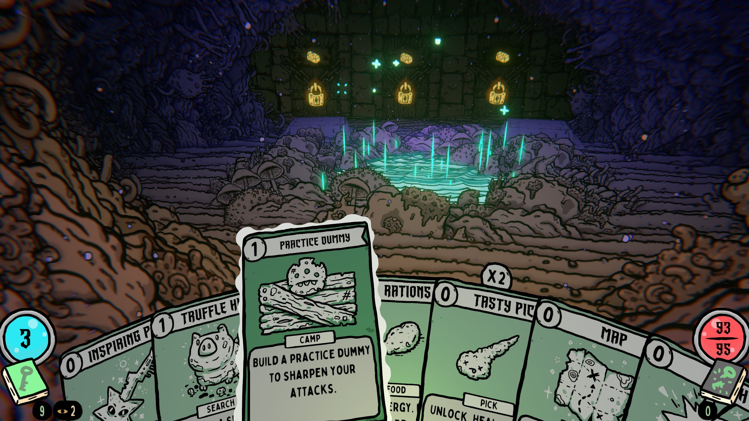 Outside of combat, Shroom and Gloom provides you an exploration deck that allows you to choose from different actions. Even just getting a good rest will depend a bit on RNG.