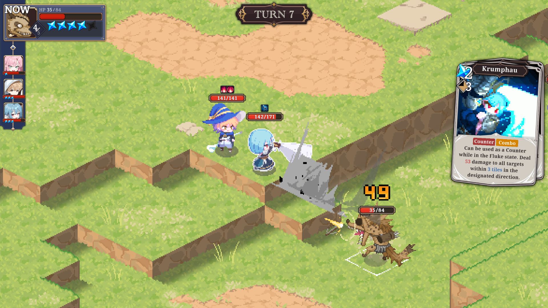 Charlotte countering an enemy attack with her long range counter skill card.