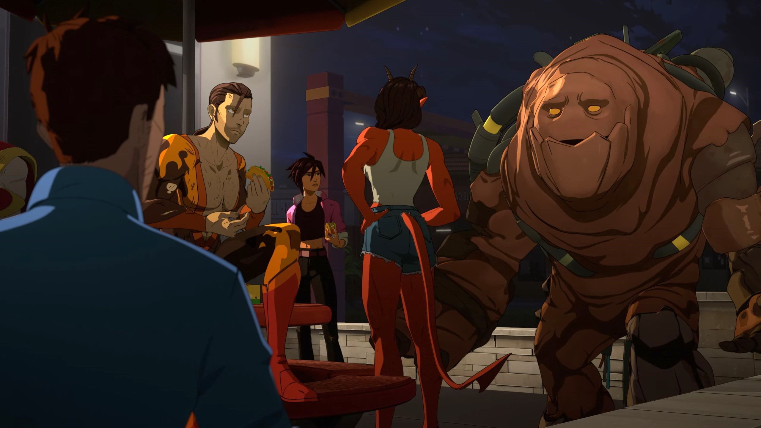 The Z-Team hanging out with Robert at a taco shop after getting into a bar fight.