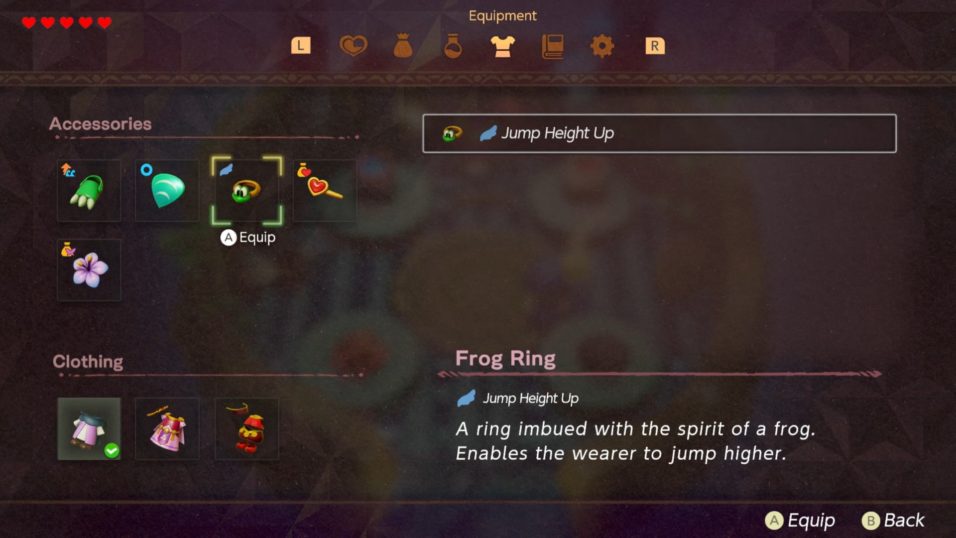 Equipment menu in The Legend of Zelda: Echoes of Wisdom