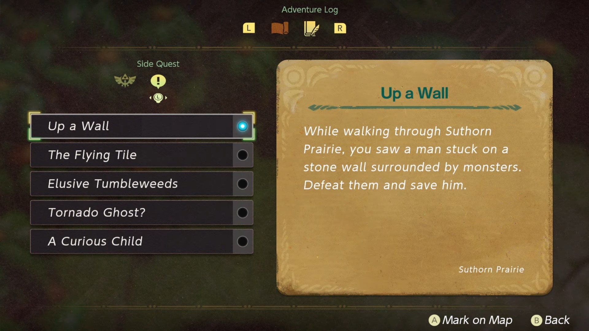 Quests menu in The Legend of Zelda: Echoes of Wisdom