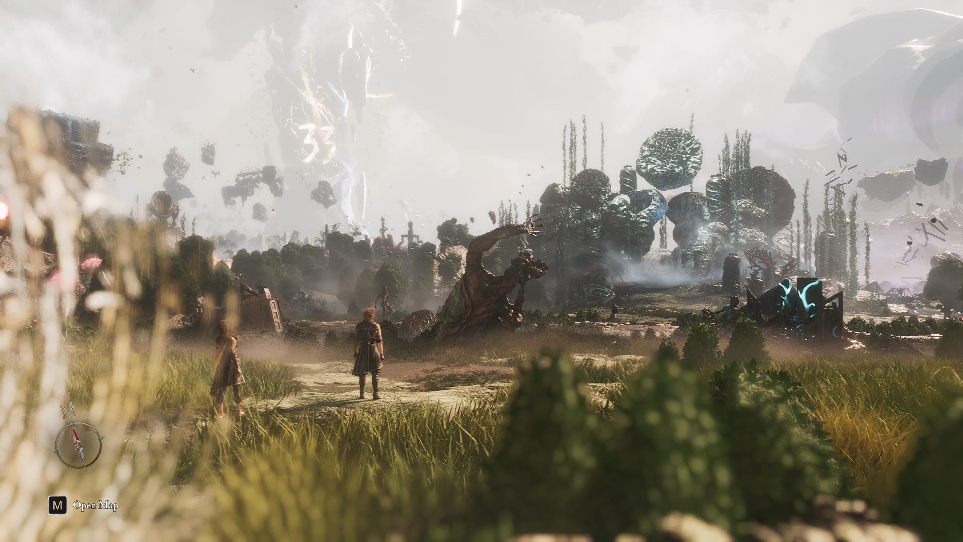 A view of the overworld map in Clair Obscur: Expedition 33 with Gustave and Lune looking out at the beautiful, expansive world.