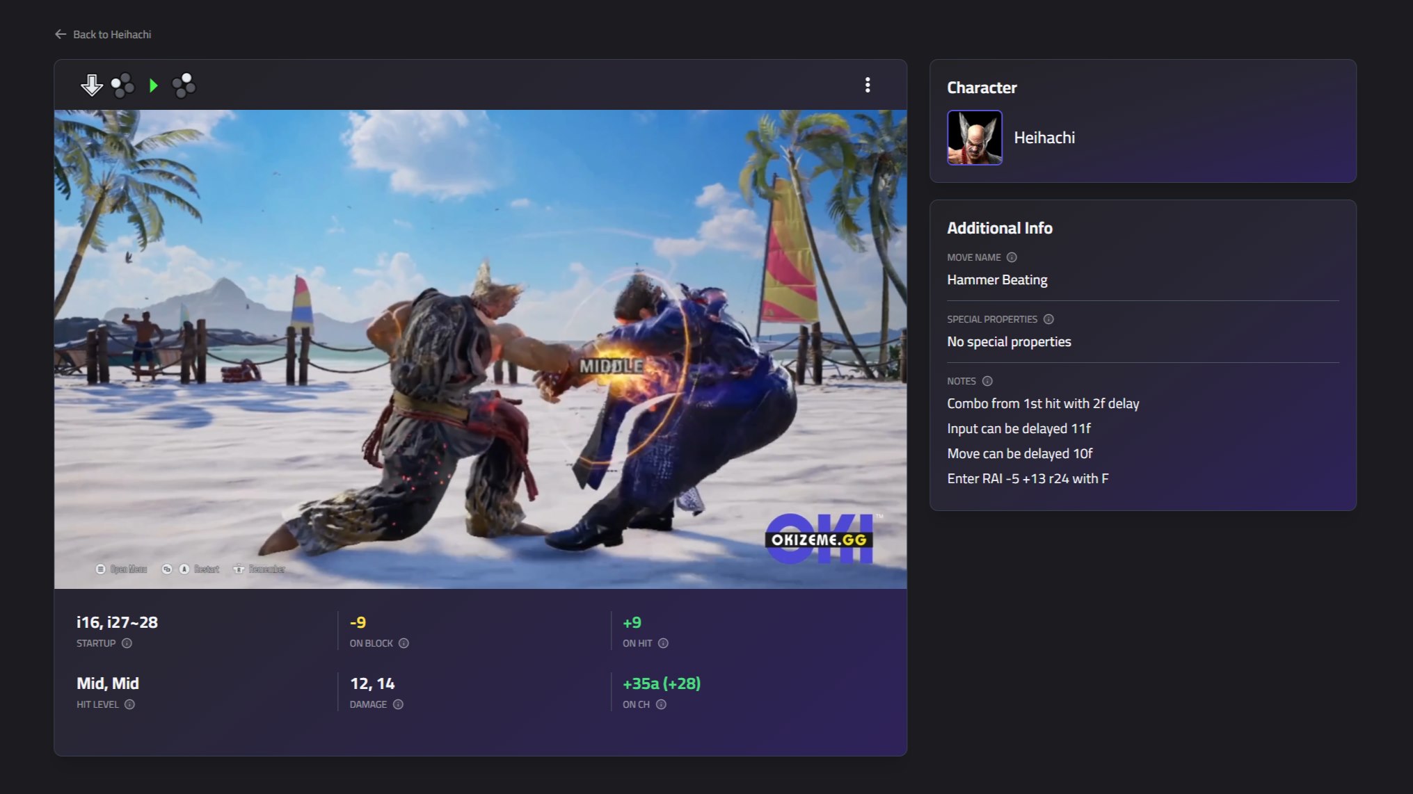 A screenshot of the Okizeme site that shows a full description of Heihachi's Hammer Beating attack. Properties and move details are all listed.