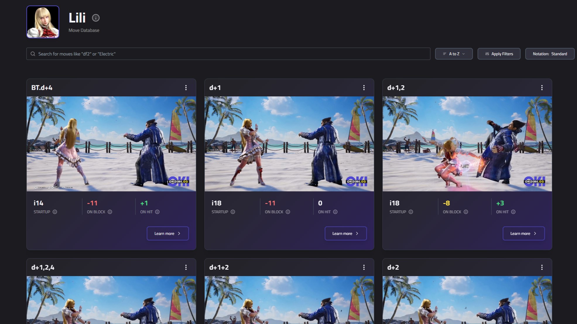 A screenshot of the Okizeme site that shows various different moves in Lili's move set. Frame data and visuals are both present.