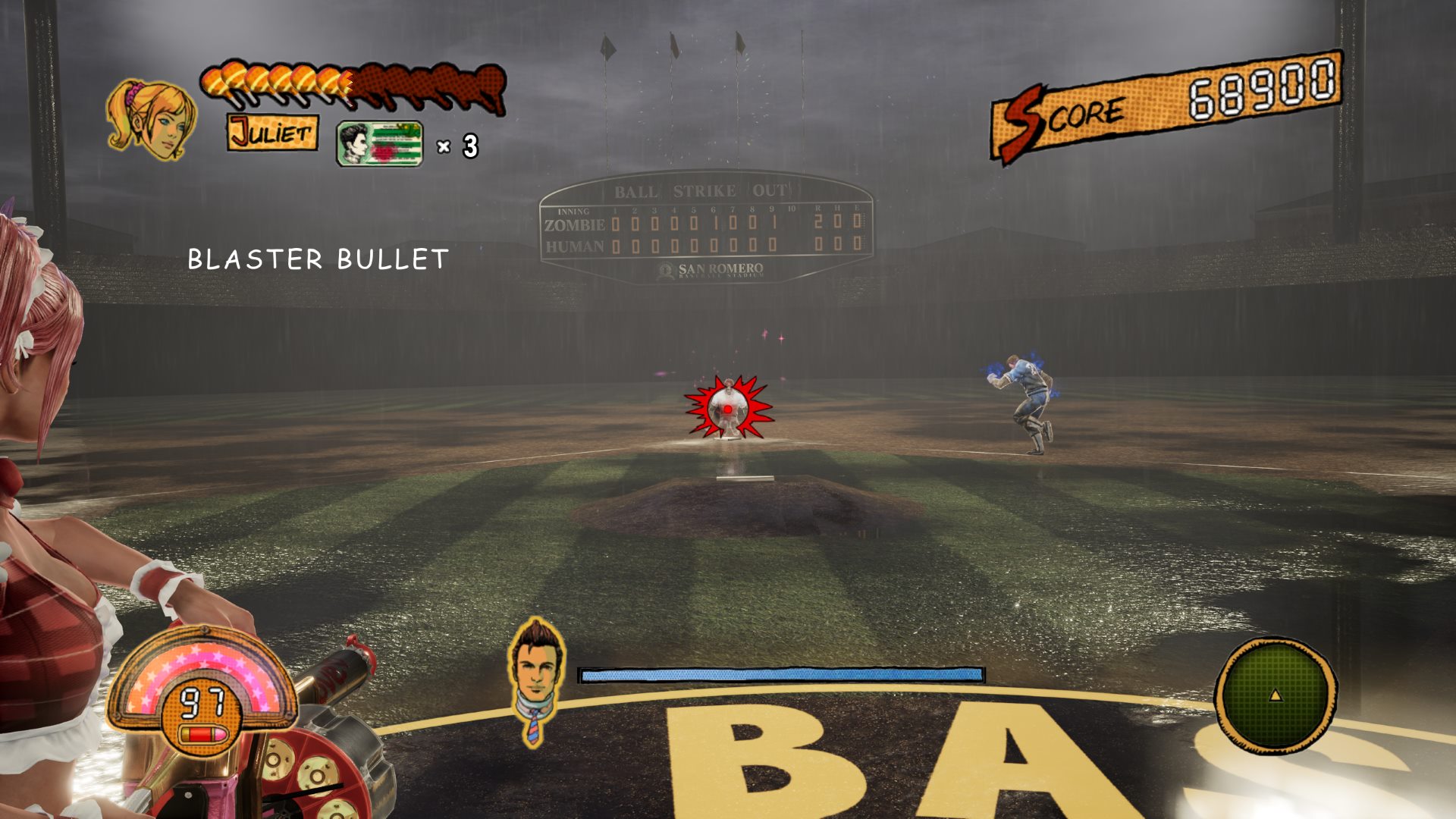 Lollipop Chainsaw RePOP offers a variety of minigames, one of them being Zombie Baseball where Juliet must shoot zombies who are approaching her boyfriend, Nick