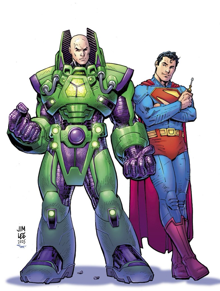Superman smiling while next to Lex Luthor in his Warsuit, something we haven't seen yet in the DCU. Art done by Jim Lee, seemingly made as promotion for 'Man of Tomorrow,' the upcoming Superman sequel.