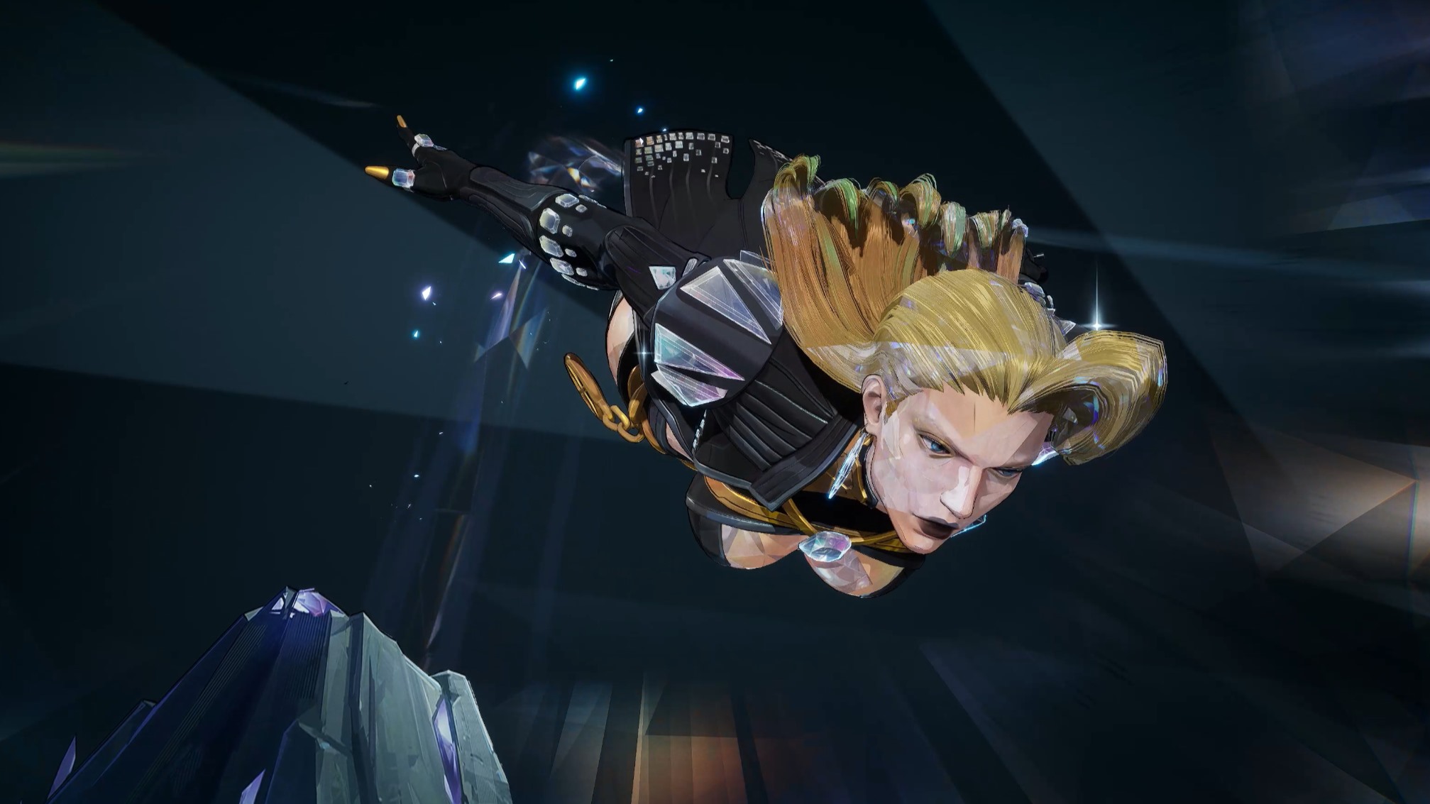 Emma Frost jumps off a cliff to train the responsiveness of her diamond form, as shown in her X-Revolution costume's MVP animation.