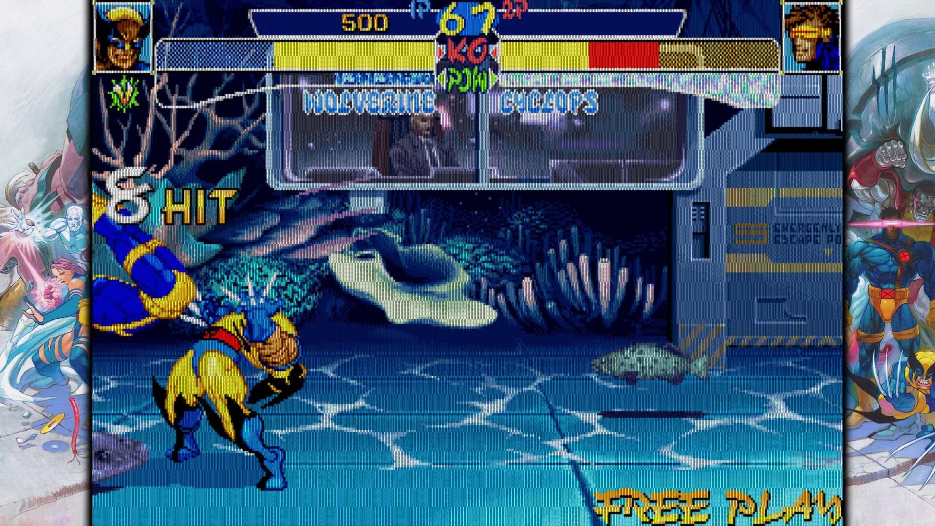 Aquatic underwater stage, Wolverine fighting Cyclops with Professor X watching