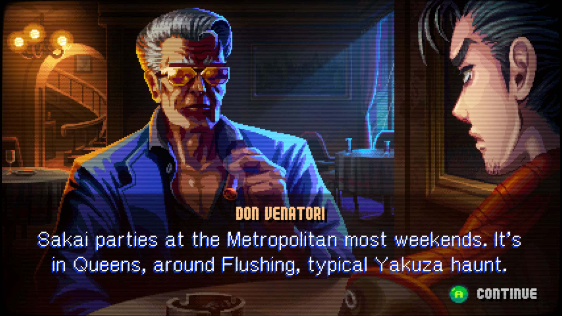 Having a chat with Don Venatori to see where to go next in Neon Inferno.