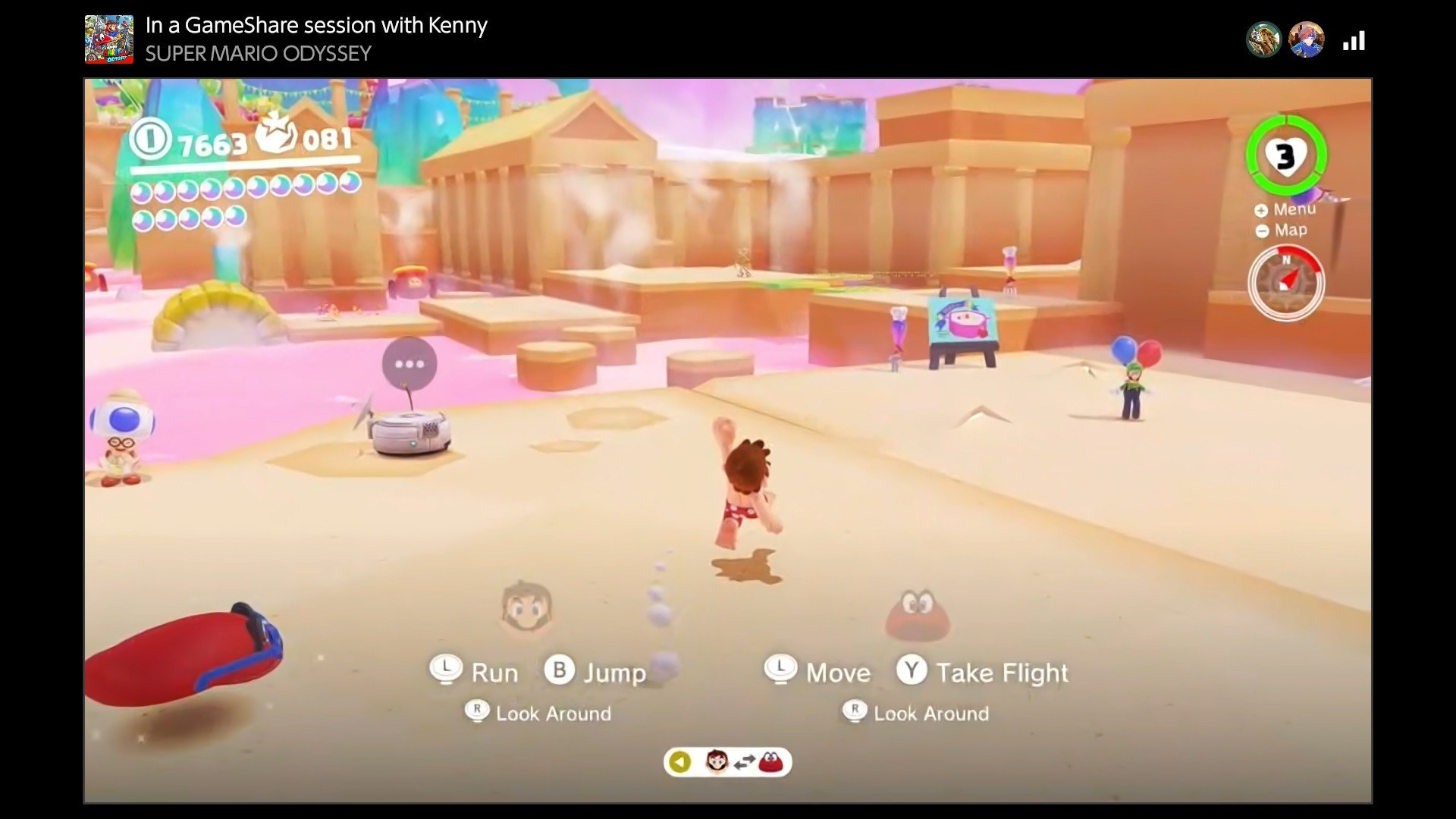 Super Mario Odyssey can be played via GameShare. It certainly is no perfect experience, but it is playable. Just a little choppy as the player who has joined the GameShare.
