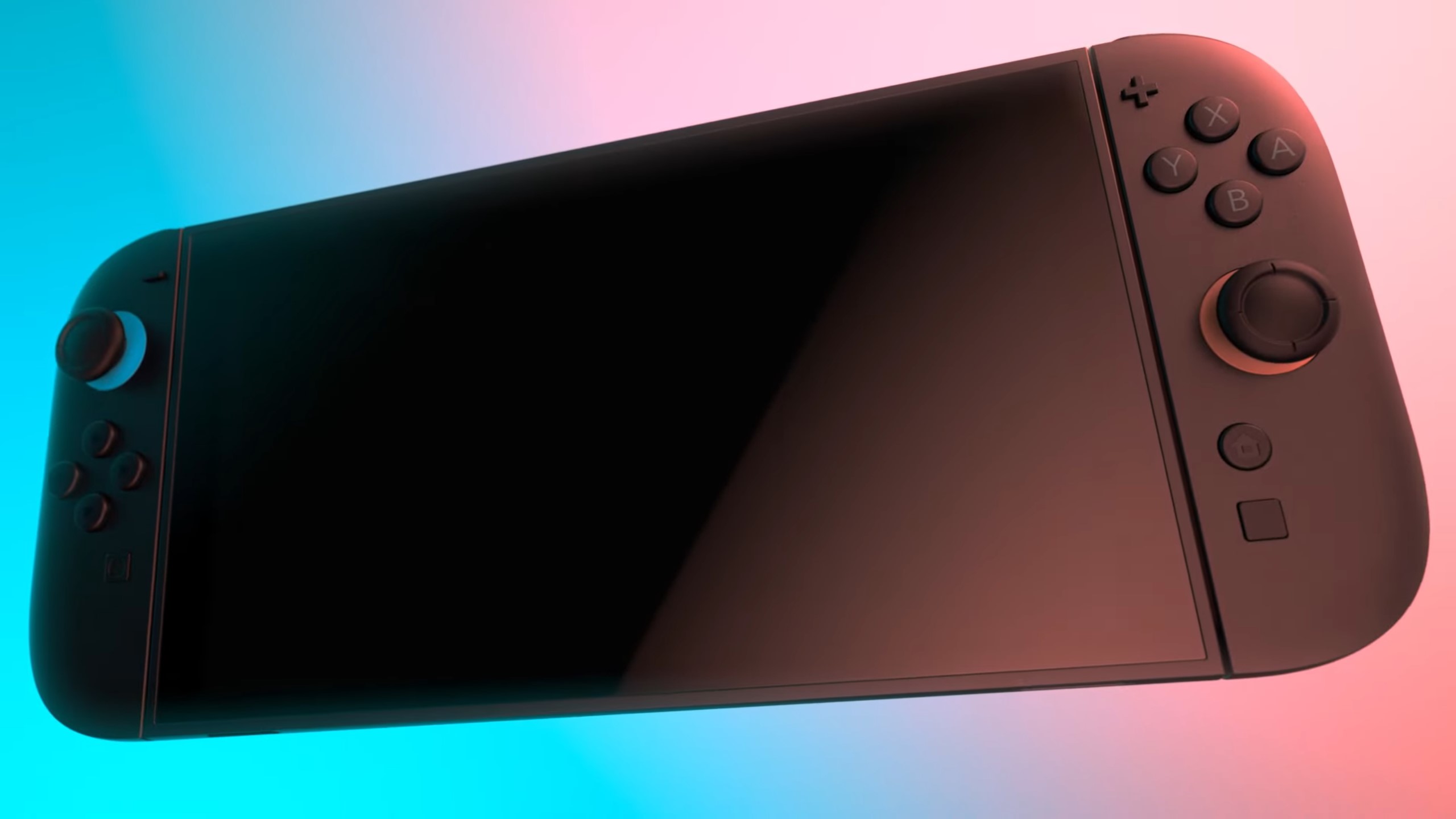 A tilted view of the Nintendo Switch 2 with a colorful background. Interestingly, orange and blue are the main colors of the Switch 2.