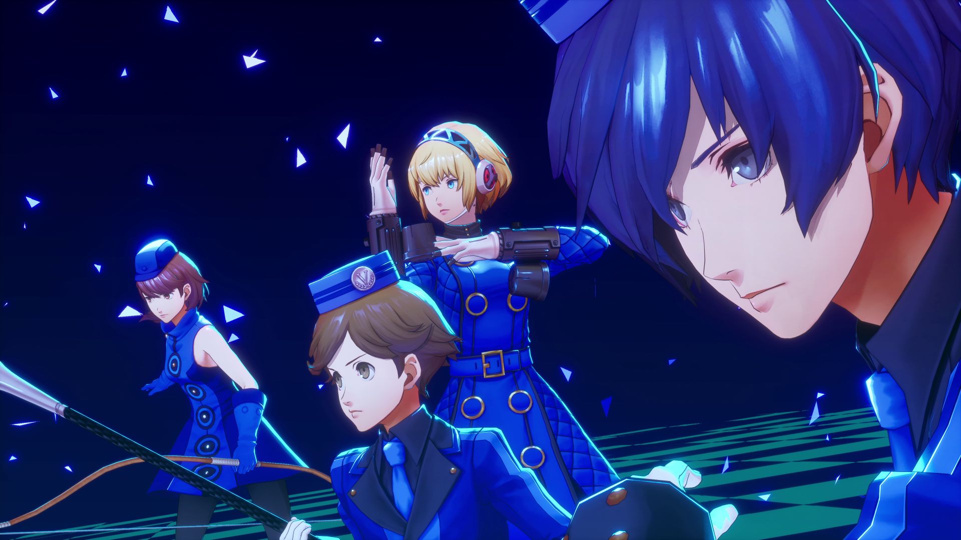 Protagonist, Yukari, Ken, and Aigis dressed in Velvet Room themed DLC costumes