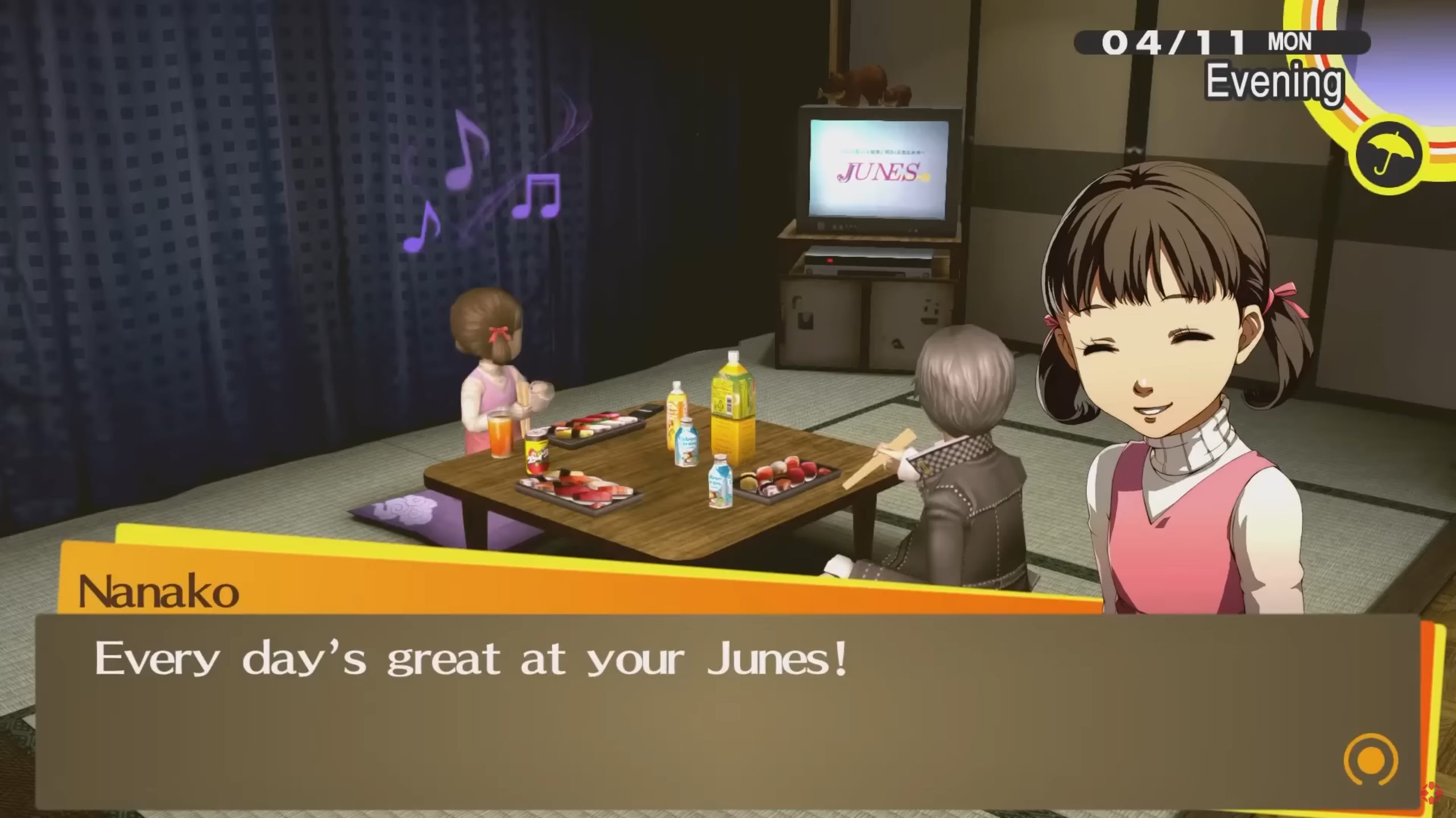Nanako reciting one of Junes' slogans at home in Persona 4 Golden.