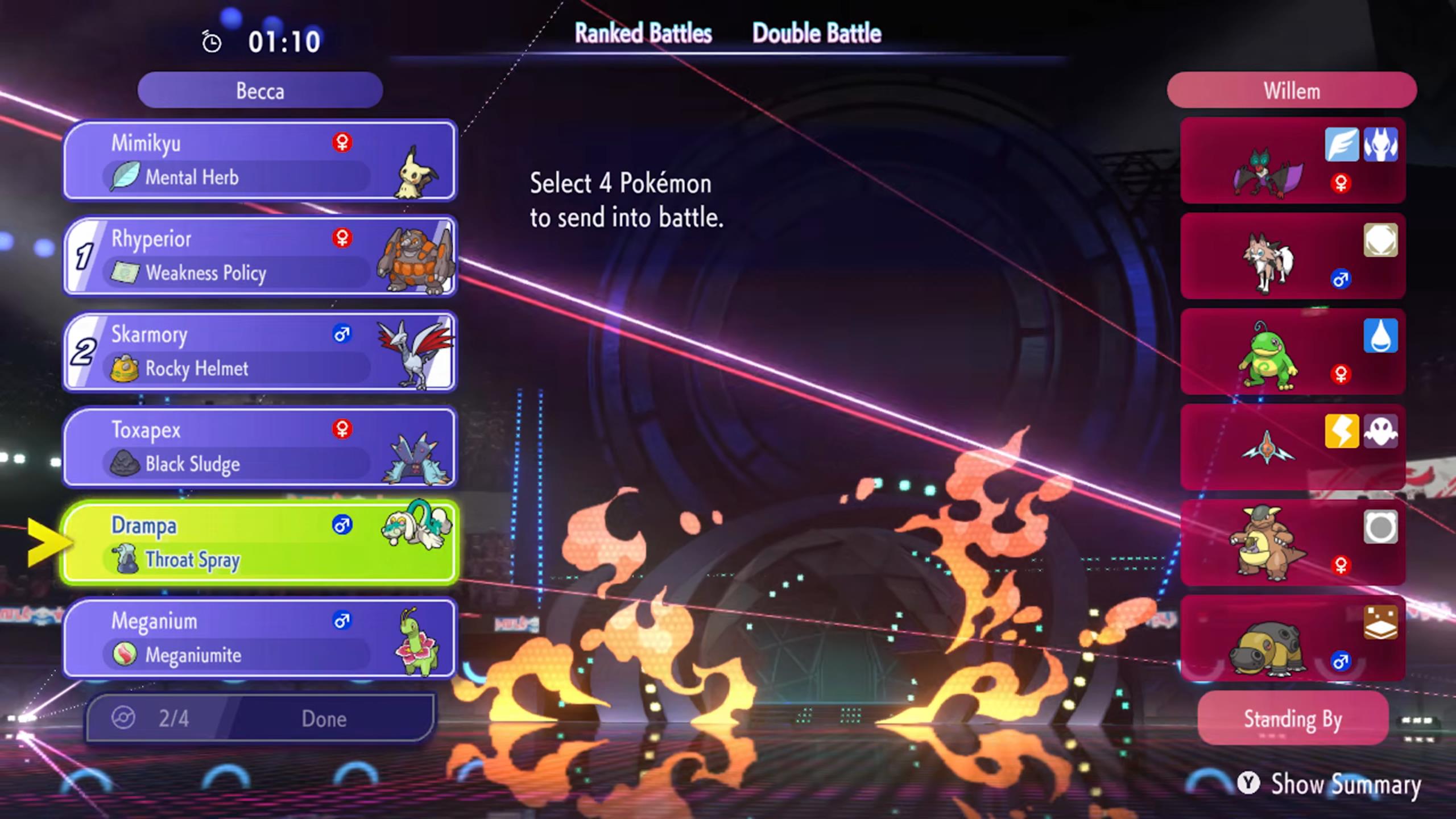 The battle preparations screen for a Double Battle in Pokémon Champions.