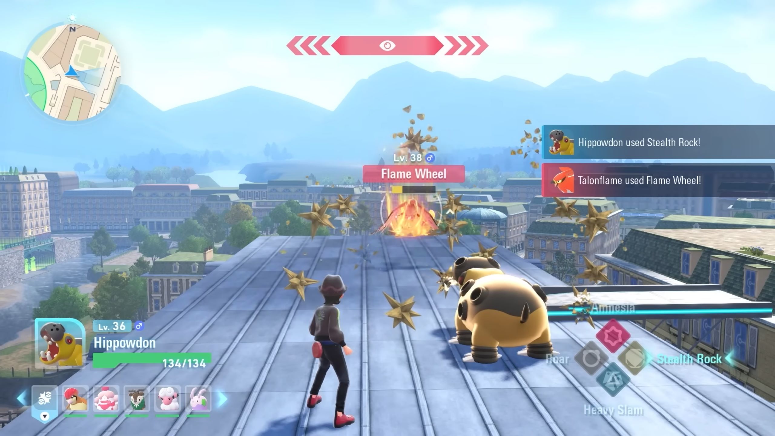 Hippowdon stops Talonflame's Flame Wheel attack with Stealth Rock, dealing damage in the process