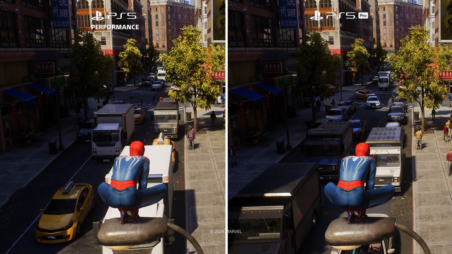 PS5 Spider-Man 2 graphics on Performance Mode vs PS5 Pro Spider-Man 2 graphics