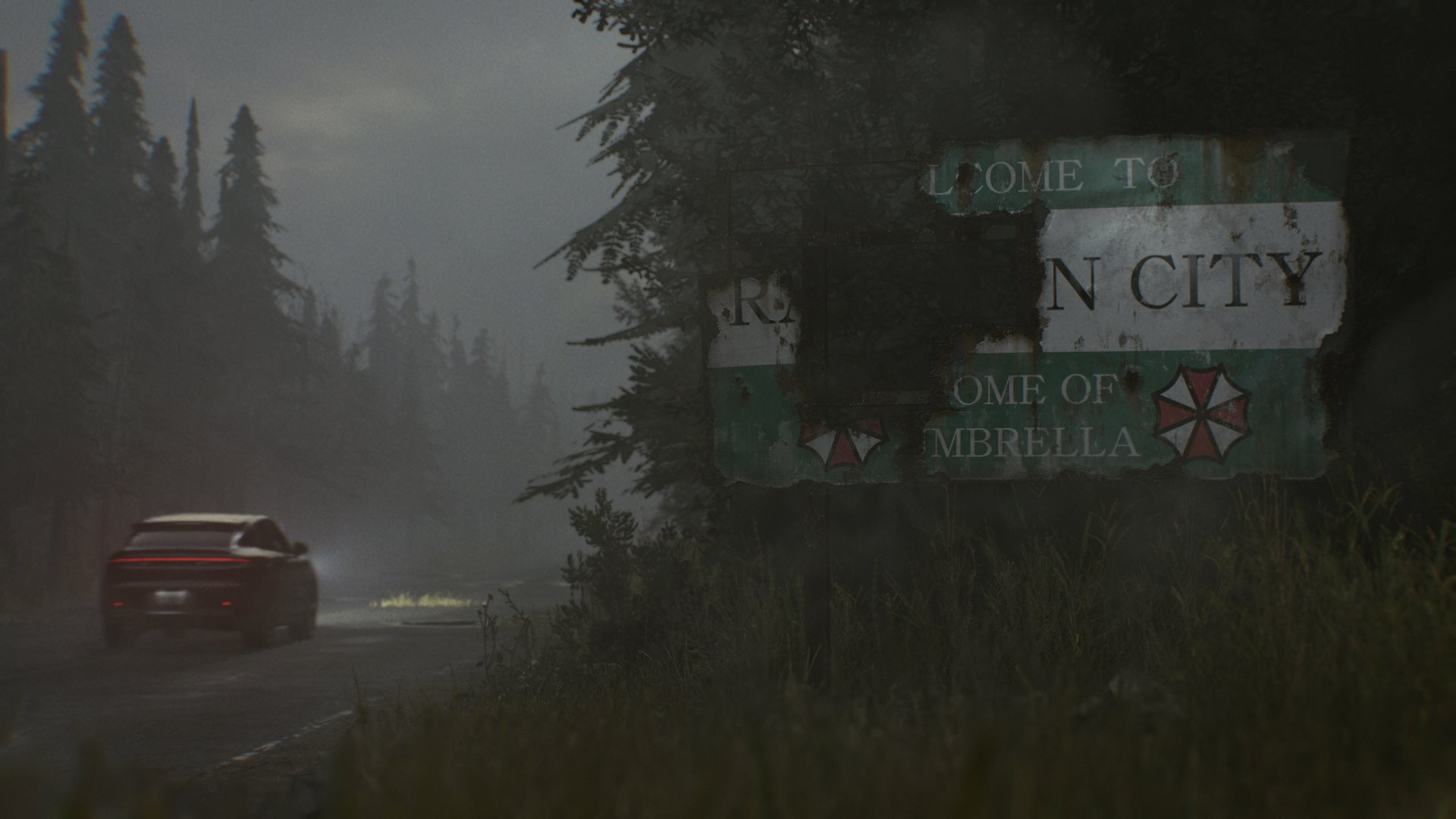 Someone drives past a Welcome to Raccoon City sign that has clearly been damaged and now rusting.