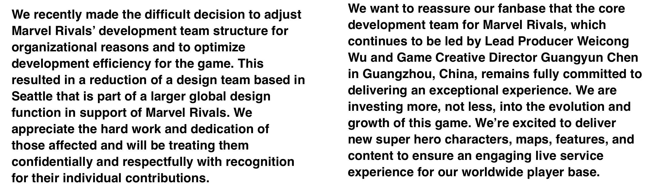 NetEase put out an official statement to address the layoffs. In their statement, they reassured fans that their primary aim is to continue Marvel Rivals' growth.