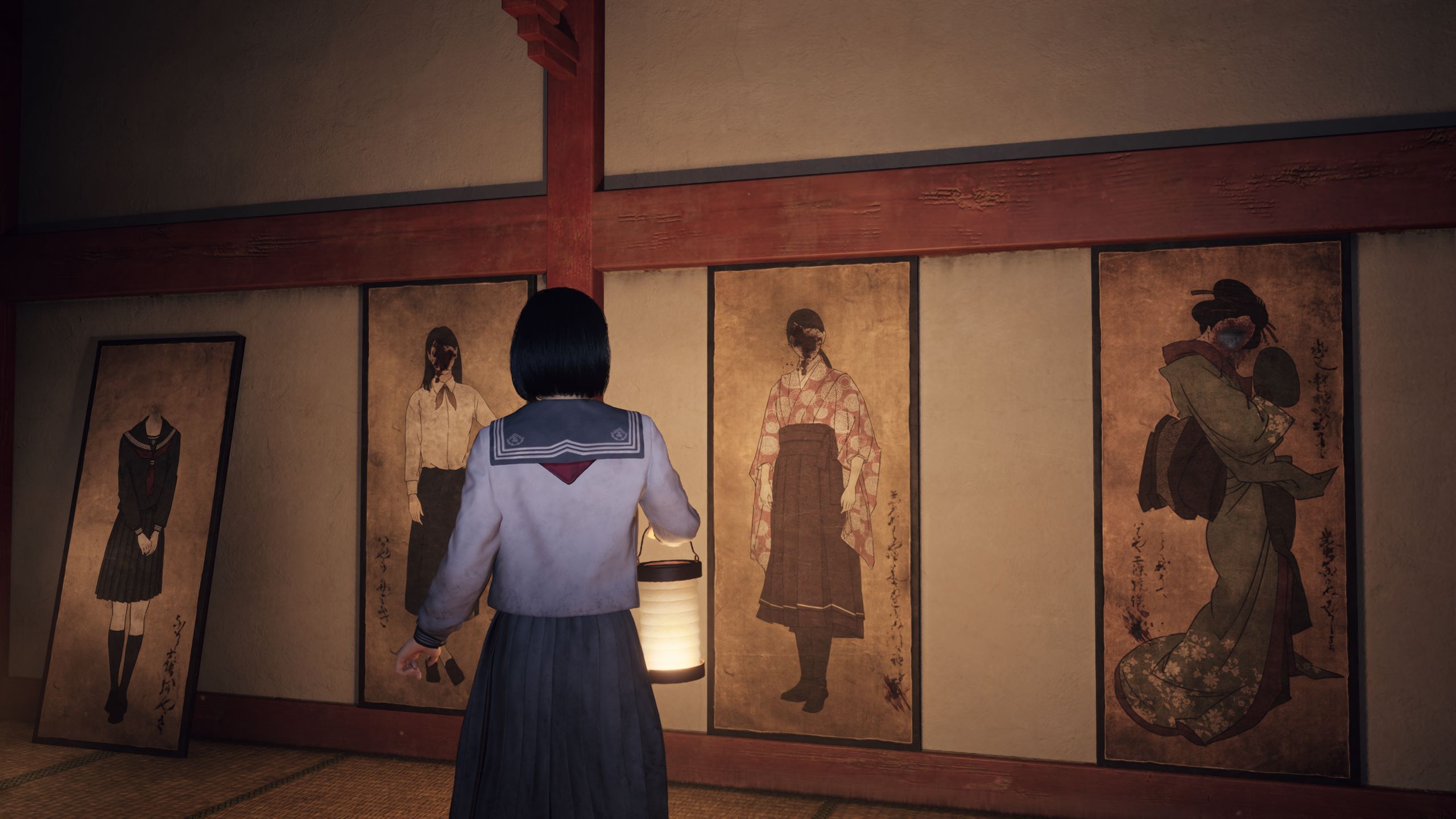 Hinako noticing the defiled paintings inside the Dark Shrine, perhaps a representative of her incoming destruction of identity.