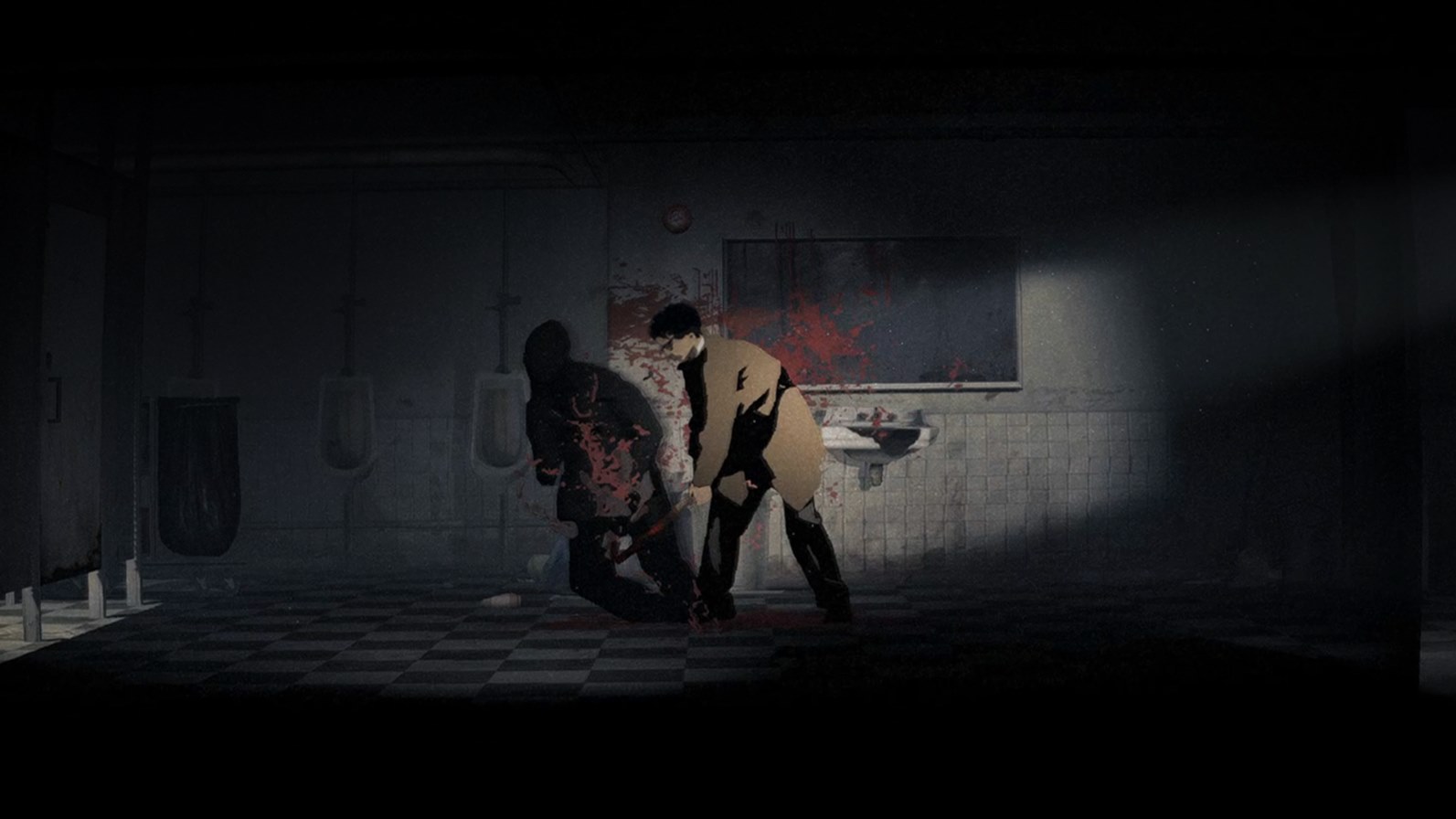 The foreground of Silver Pines is frequently used to accentuate the darkness of an area, while also making everything in the middle stand out more, like the blood coming out of the enemy in this bathroom.
