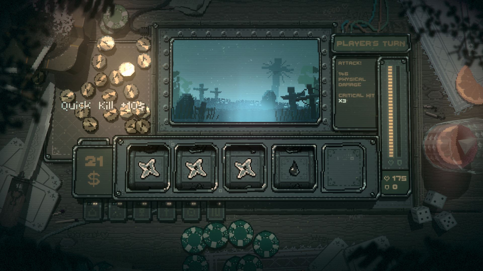 Bonus money is rewarded if you get a quick kill in Slots & Daggers, as seen in this graveyard level.