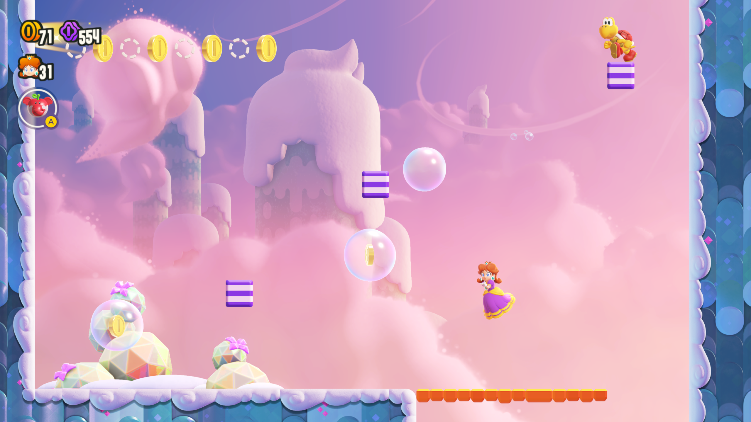 Princess Daisy blowing bubbles in an early World 2 stage