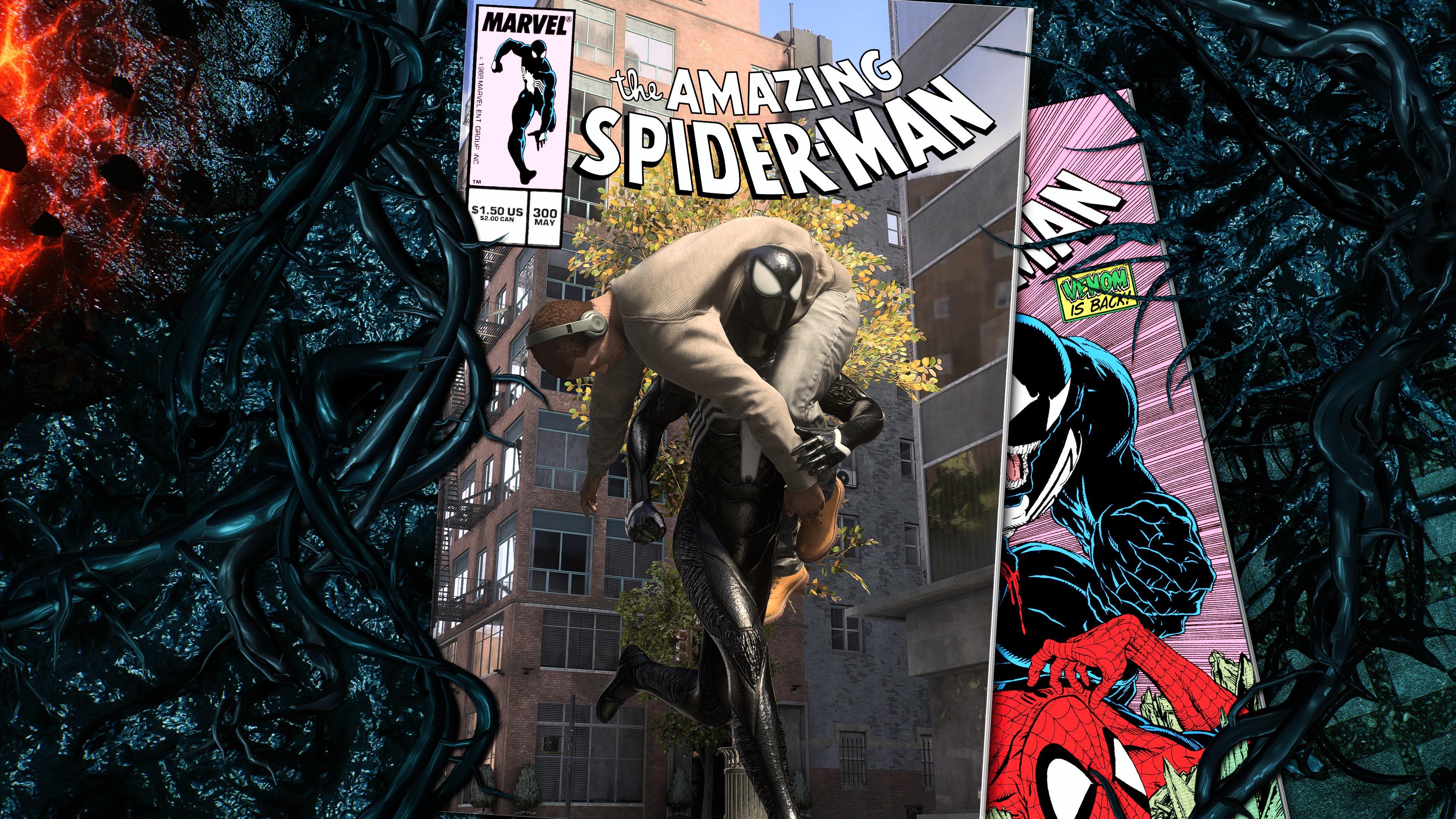 Venomized-suit Spider-Man carrying a civilian in a comic book-style cover