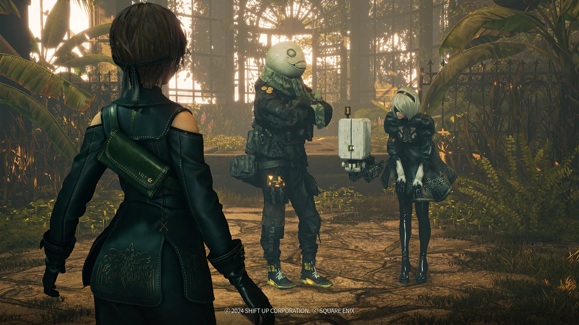 Eve as 2B, Adam as Emil, Lily as 9S, show off the new costumes that are a part of the Stellar Blade & Nier: Automata collab