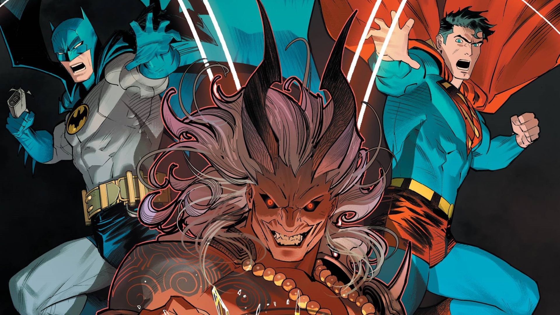 Cover #3 of the 2022 World's Finest run, showing Batman and Superman trying to stop the Devil Nezha.