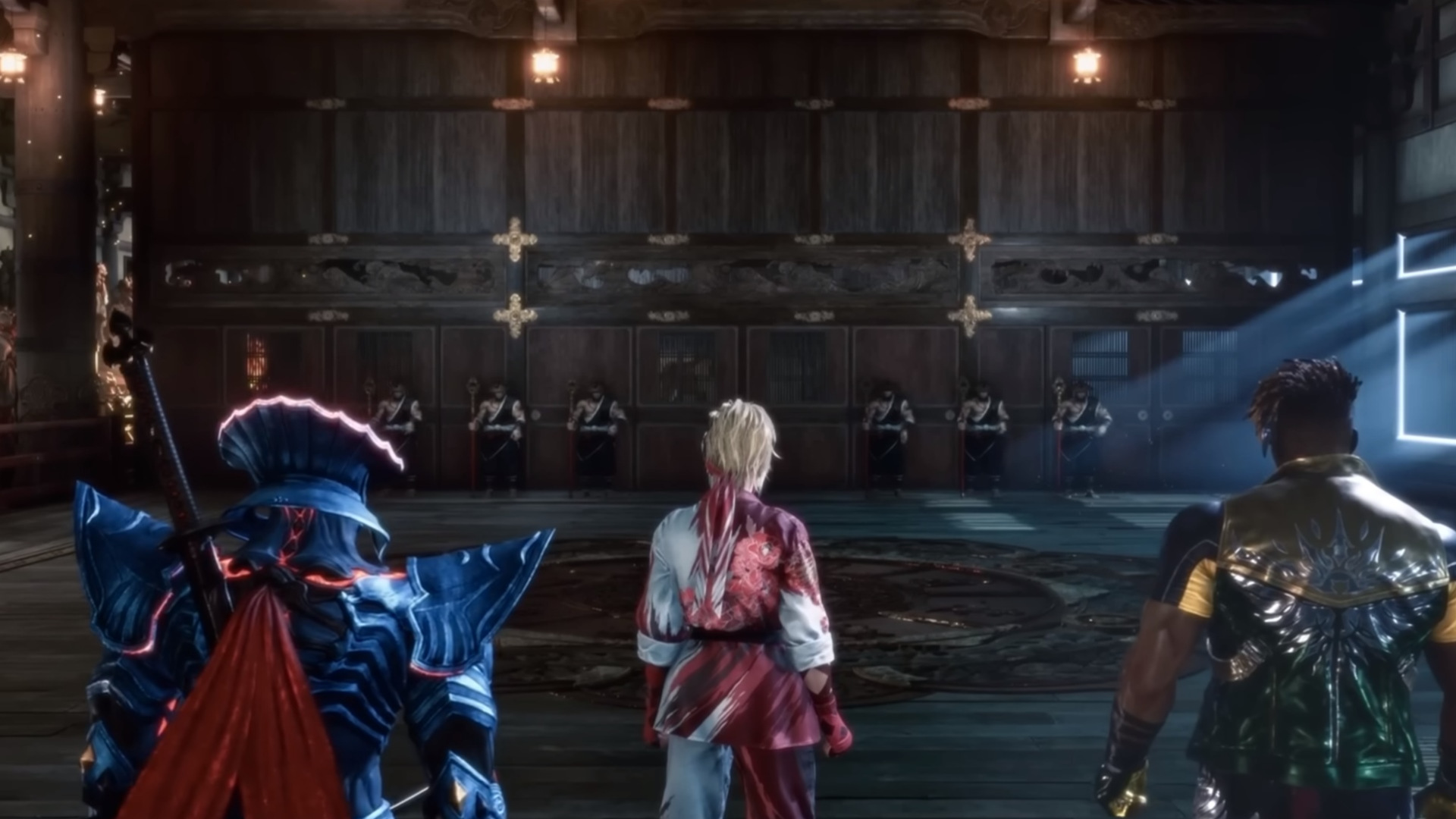 Yoshimitsu, Lidia, and Eddy are stopped by Tekken Monks in the Secluded Training Grounds