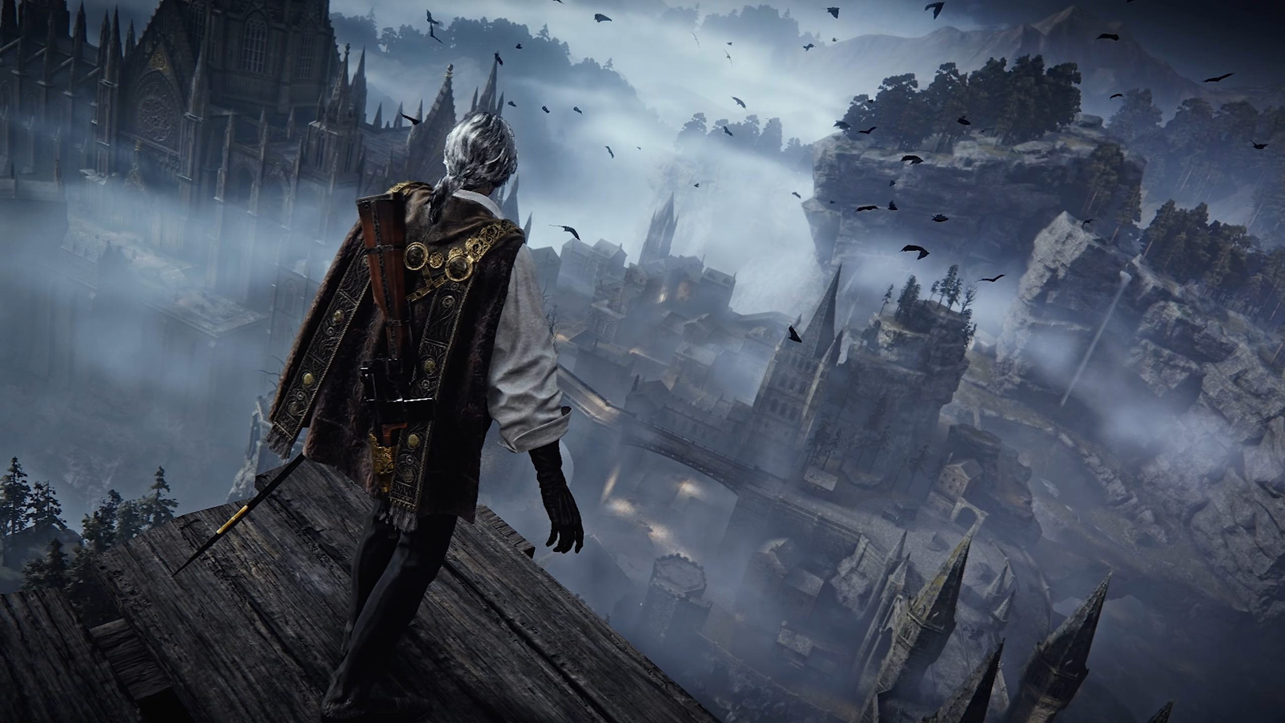 A view of the main town in The Duskbloods from above. The playable character has both a sword and rifle on him.