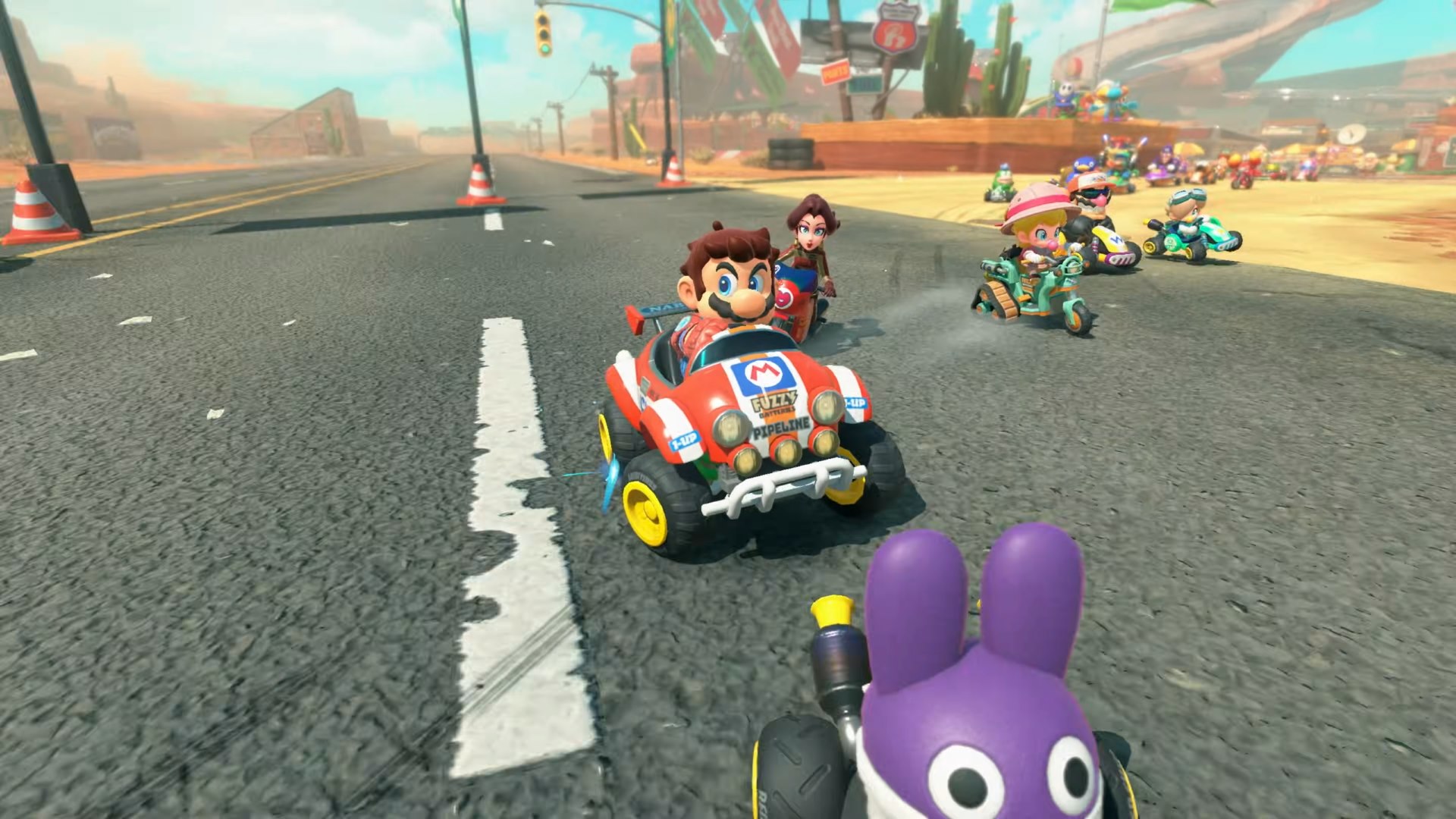 Mario drifting, trying to overtake Nabbit in a Grand Prix race in Mario Kart World.