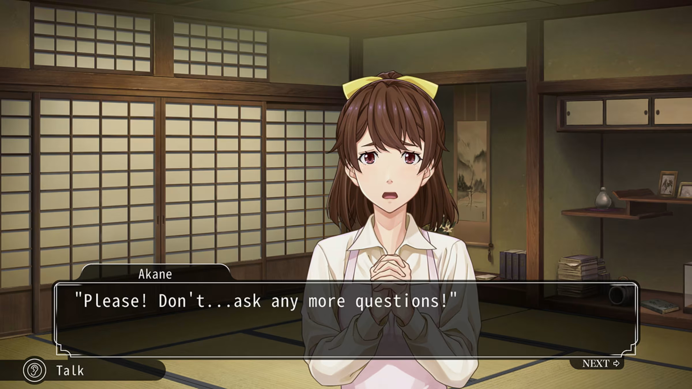 A bystander in a crime scene, Akane, doesn't want you to talk to her anymore